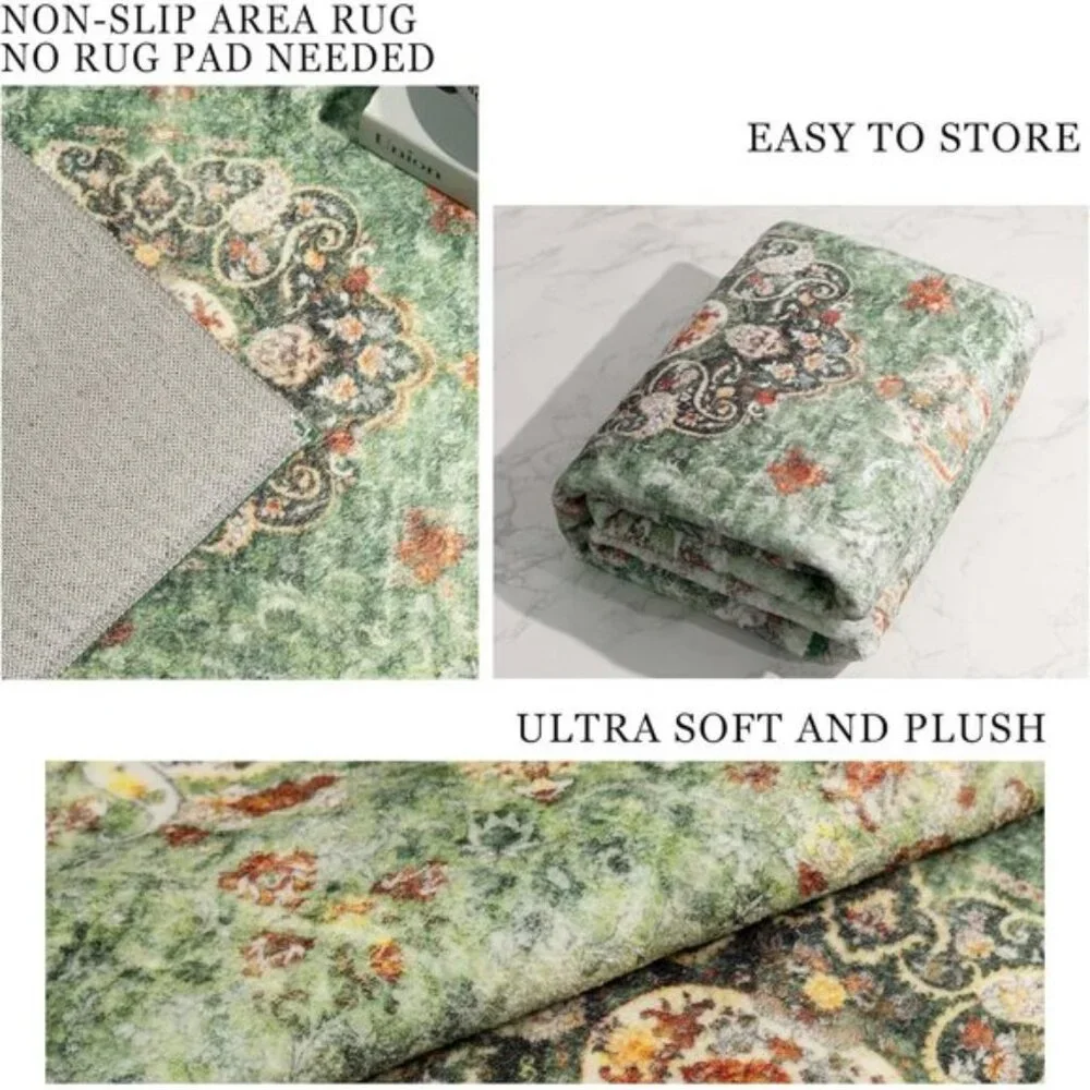 New 3x5 Green Area Rug, Washable Vintage Distressed Non-Slip Carpet for Home